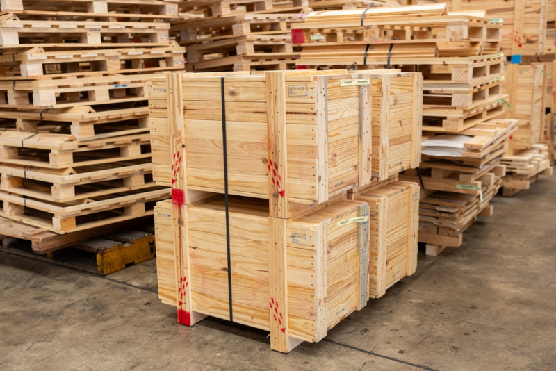 pallets and industrial lumber in warehouse